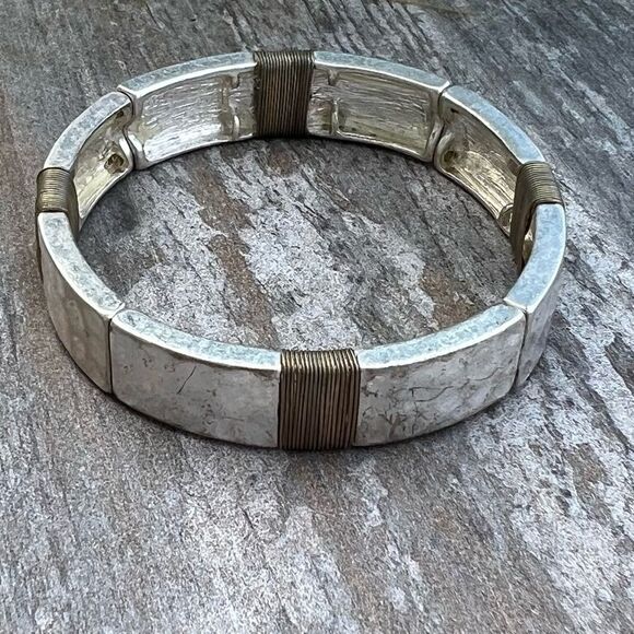 Silver Gold Tone Stretch Hammered Textured Bracelet - Picture 1 of 11